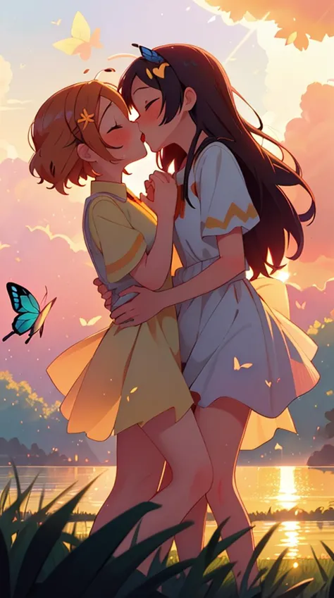 2girls kissing, romantic kiss,  butterfly hair ornament, butterflies flying around, Positioned in the foreground against the bac...