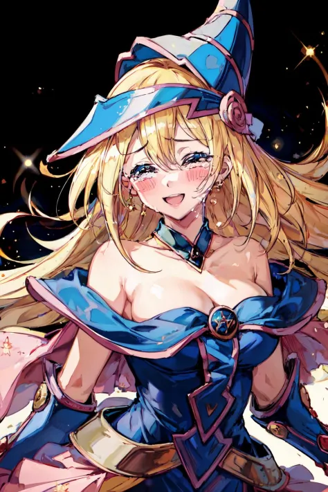 (masterpiece, best quality, ultra-detailed, highres, best illustration), 1girl,  beautiful ,crying tears of joy, happy (tears, crying:1.2), smile,  <lora:SAC:0.8>, hmdmg1, wizard hat, blush, blush stickers, cleavage, bare shoulders, dress, off shoulder, <l...
