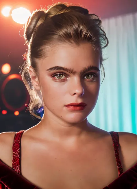 a close up of a woman in a red dress with a red lipstick