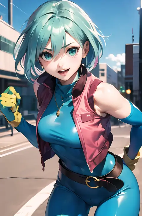 (Masterpiece), (Best Quality), (perfect face),1girl, allenby, pink vest,(aqua hair1.2), blue bodysuit, cowboy shot, belt, yellow gloves, sleeveless, bare_shoulders, turtleneck bodysuit, city, sky, <lora:allenbyN2c:0.6>, fight,