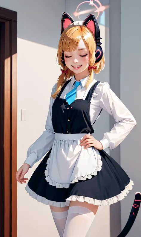 white background, momoi \(blue archive\), white pantyhose, headphones, dress, long sleeves, closed eyes, pantyhose, shirt, v, cat tail, black footwear, shadow, sparkle, tail, animal ears, double v, mary janes, fake animal ears, halo, long hair, smile, grin, blonde hair, frills, animal ear headphones, no hair bow, shoes, simple background, apron, solo, fang, maid apron, frilled dress, 1girl, blue ribbon, ribbon, frilled apron, collared shirt, blush, black dress, maid headdress  momoirnd peace, sign