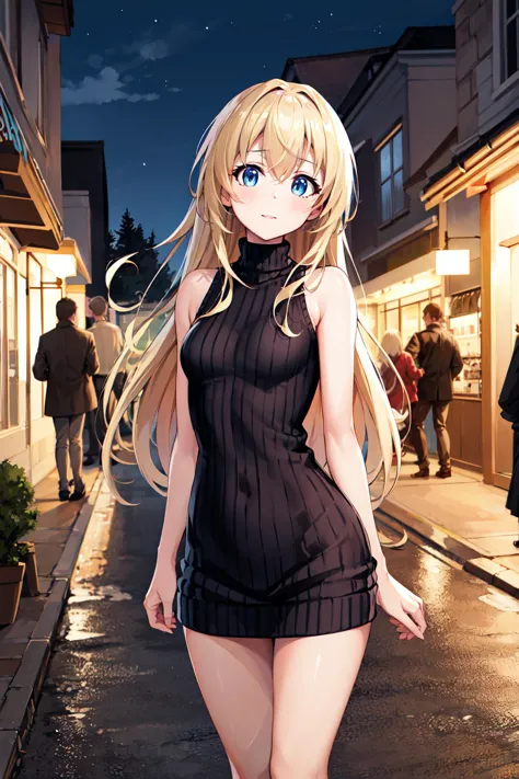 anime girl in short dress walking down a street at night