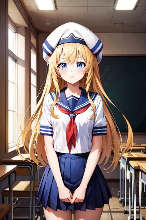 anime girl in sailor outfit standing in front of a classroom