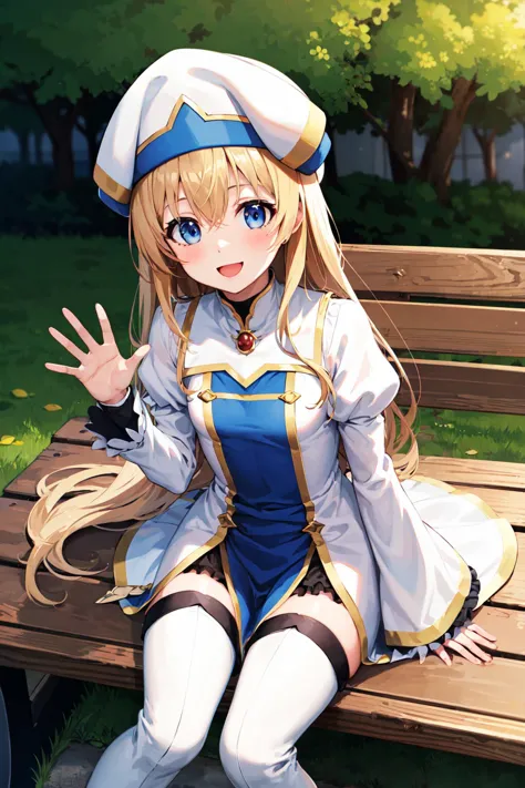 anime girl sitting on a bench in a park with her hands up