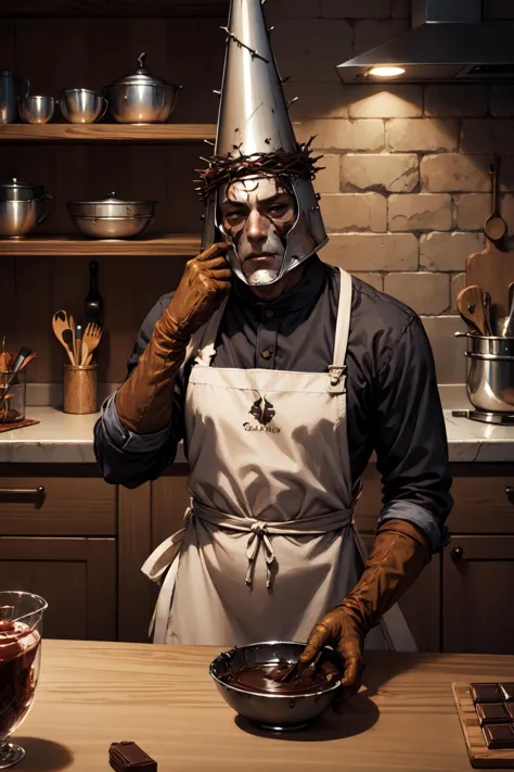 there is a man in a chef's hat and apron making a chocolate cake