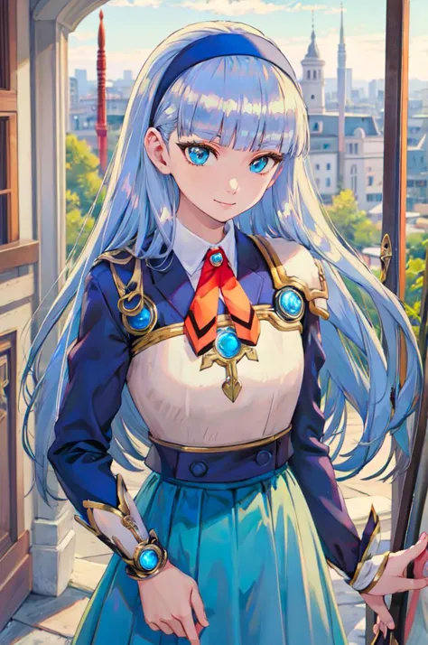 <lora:umi_ryuuzaki_shoulder_armor:1> 1girl, umi ryuuzaki, hairband, armor shoulder armor, blue skirt, smile,   <lora:TorinoV71:1...