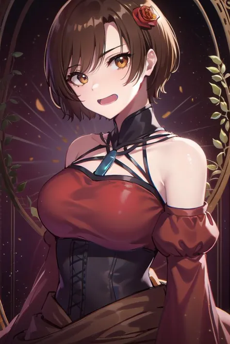 banicaconchita, <lyco:banicaconchita-lyco-nochekaiser:1>,
banica conchita, (brown eyes:1.5), brown hair, short hair, <lora:smirkingmouth_v100:1>, open mouth,
BREAK bare shoulders, corset, detached sleeves, dress, flower, hair flower, hair ornament, red dress, red sleeves, rose,
BREAK cowboy shot, looking at viewer,
BREAK indoors,
BREAK <lyco:GoodHands-beta2:1>, (masterpiece:1.2), best quality, high resolution, unity 8k wallpaper, (illustration:0.8), (beautiful detailed eyes:1.6), extremely detailed face, perfect lighting, extremely detailed CG, (perfect hands, perfect anatomy),