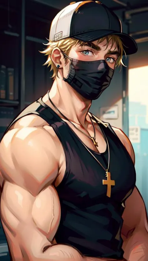 1boy, male focus, solo, mask, mouth mask, bara, muscular, tank top, muscular male, hat, jewelry, pectorals, necklace, black tank...