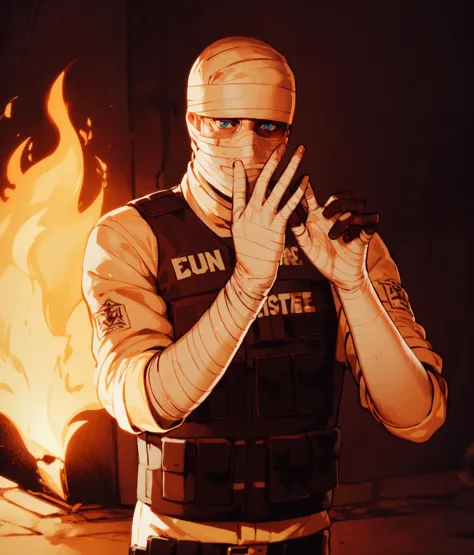 best quality,
solo,1boy,joshua_graham,(burn scar face:1.3), bandaged arm, bandaged hand, bandaged head, blue eyes, bulletproof vest,
flame background,
<lyco:NV-joshua_v10:1.0>