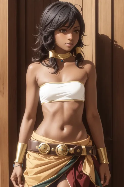 best quality, intricate details,
 bandeau, skirt, dark-skinned female, navel, hair tubes,