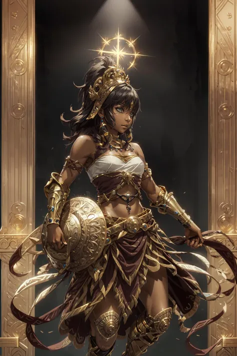 best quality, intricate details,
 bandeau, skirt, dark-skinned female, navel, hair tubes, 
  bronzepunkai,  metal plating, bronze gauntlets, crown, bronze fantasy city,