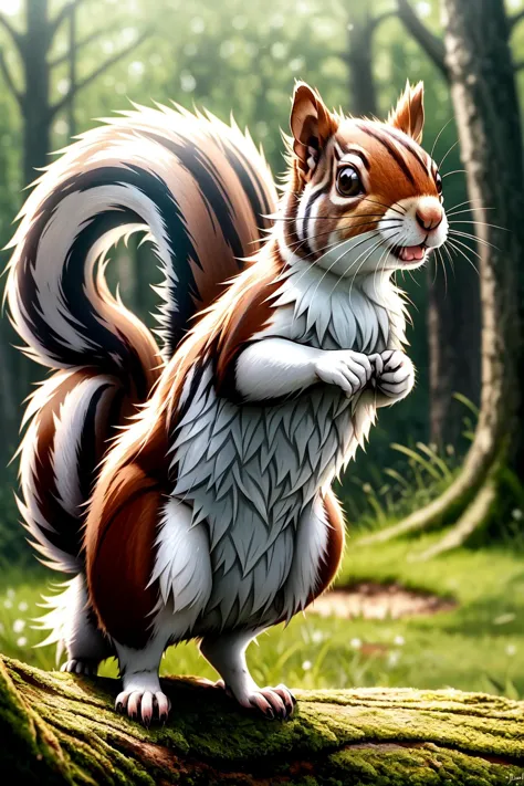 (Squirrel), dress, in a jump, dichotomy, (realistic fur, detailed fur texture:1.2), detailed background, wilderness background, photorealistic, hyperrealistic, ultradetailed, professional photography