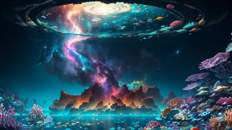 ((best quality)), ((masterpiece)), (detailed), oil painting, (nebula under the sea:1.3), (galactic:1.2), celestial, ocean, (incredibly detailed:1.1), (complex details:1.2), (Studio Ghibli influence:1.1), mosaic, (photorealistic:1.2), volumetric lighting, (ray tracing:1.1), well lit, (octane render:1.1), (Art Nouveau style:1.2)