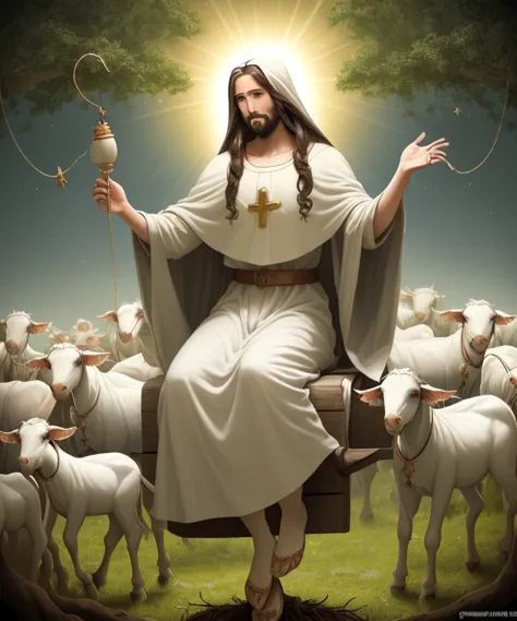 jesus sitting on a bench surrounded by sheep and holding a cross