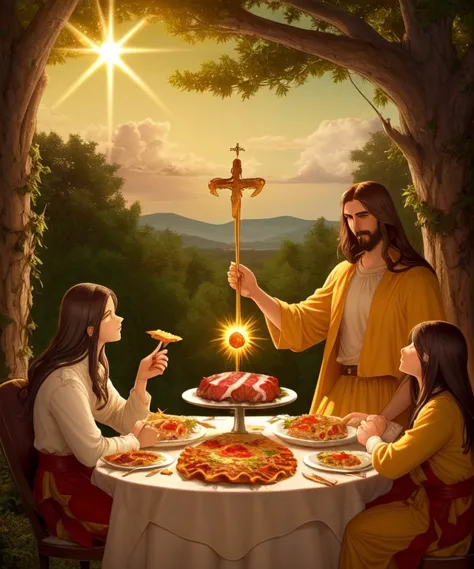 jesus is sitting at a table with two women eating food