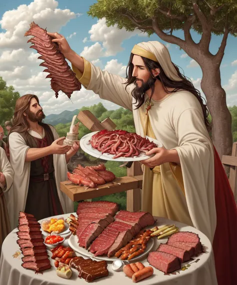 jesus is serving meat to a group of people