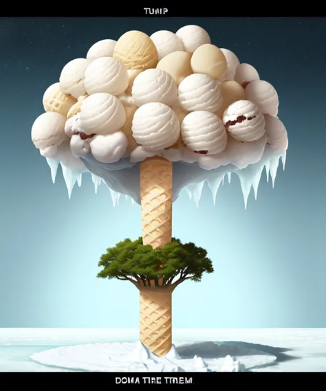 a close up of a ice cream cone with a tree on top