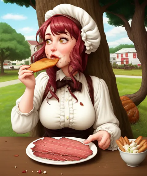 there is a woman eating a piece of meat on a plate