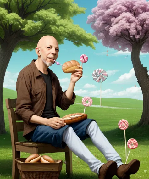 arafed man sitting on a bench eating a sandwich and lollipops