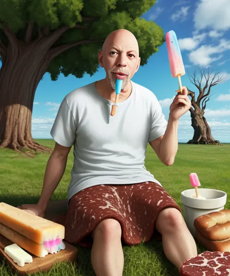 araffe man sitting on the grass with a bunch of food