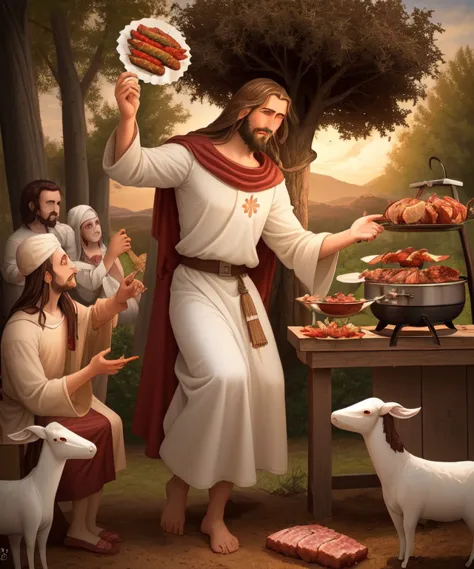 jesus is serving food to the people in the park