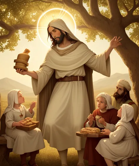 a painting of jesus holding a basket of bread and a group of children