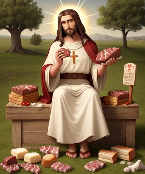 jesus sitting on a bench with a lot of meat and bread