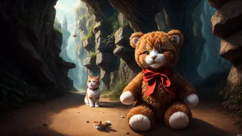 Meisterwerk einer Katze Teddybär auf Abenteuerreise, Freude, Ein Spiel, Farben, Fantasie, Niedlich, Kindheit, Unterhaltung, Abenteuer, lächeln, symmetrisch, sehr detailliert, digitale Zeichnung, artstation, Konzeptkunst, glatt, scharfer Fokus, Illustration, volumetrische Beleuchtung, epische Komposition, 8k, Ölgemälde, Abonnieren