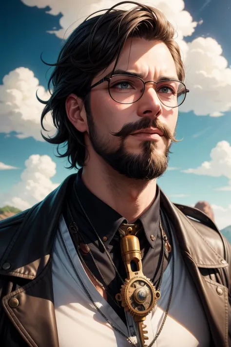 Typ mit zerzaustem Haar, 30 Jahre alt,mit Spitzbart,kein Schnurrbart,coder,trägt eine runde Steampunk-Brille,Porträt,symmetric , bewölkter Himmel Hintergrund üppige Landschaft Illustration Konzeptkunst Anime Key Visual Trending Pixiv Fanbox von Wlop und Greg Rutkowski und Makoto Shinkai und Studio Ghibli