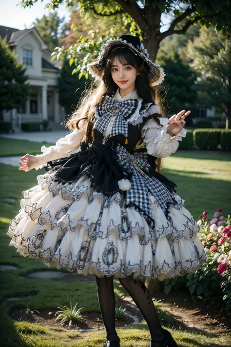 best quality, masterpiece, realistic, photorealistic, 1girl, solo, long hair, black hair, looking at viewer, smile, standing, reaching out, full body, cyb dress, long sleeves, hat, headwear, frilled dress, layered dress, frills, bow, plaid bow, black pantyhose, high heels, garden, flower, tree, water, <lora:lo_dress_vol3_style2_v1:0.7>