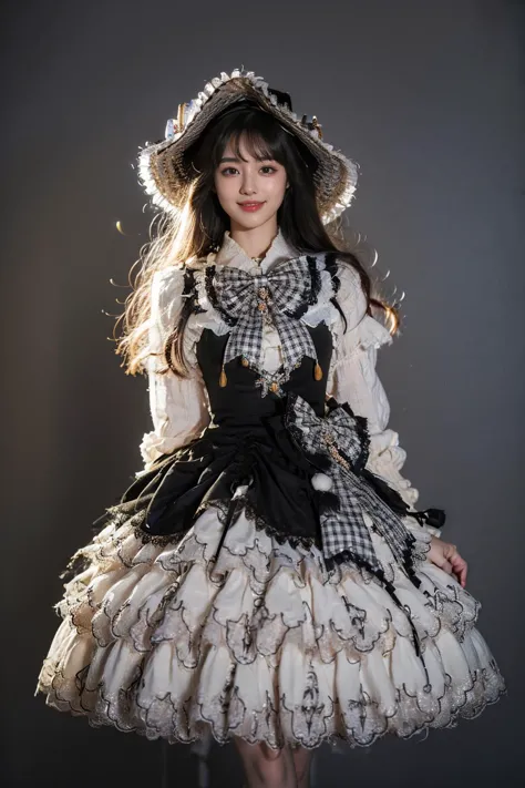 best quality, masterpiece, realistic, photorealistic, 1girl, solo, long hair, black hair, looking at viewer, smile, standing, arms at side, cowboy shot, cyb dress, long sleeves, hat, headwear, frilled dress, layered dress, frills, bow, plaid bow, simple background, grey background, <lora:lo_dress_vol3_style2_v1:0.7>