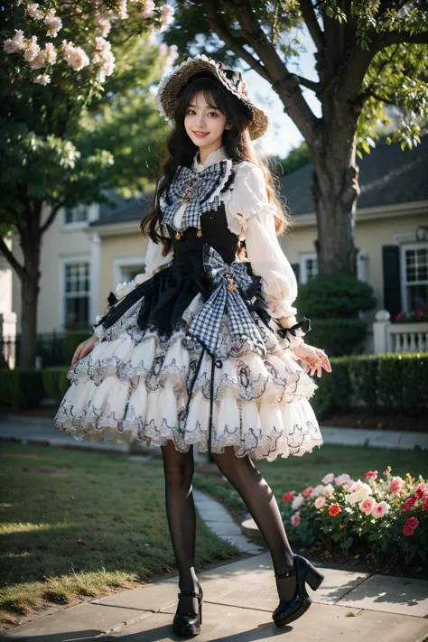 best quality, masterpiece, realistic, photorealistic, 1girl, solo, long hair, black hair, looking at viewer, smile, standing, arms at side, full body, cyb dress, long sleeves, hat, headwear, frilled dress, layered dress, frills, bow, plaid bow, black pantyhose, high heels, garden, flower, tree, water, <lora:lo_dress_vol3_style2_v1:0.7>