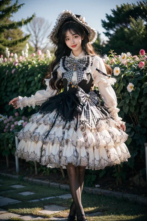 best quality, masterpiece, realistic, photorealistic, 1girl, solo, long hair, black hair, looking at viewer, smile, standing, full body, cyb dress, long sleeves, hat, headwear, frilled dress, layered dress, frills, bow, plaid bow, black pantyhose, high heels, garden, flower, tree, water, <lora:lo_dress_vol3_style2_v1:0.7>