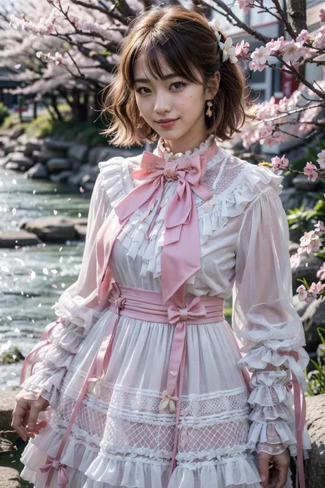 a close up of a woman in a dress near a river