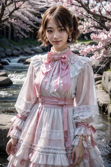 a close up of a woman in a dress standing near a river