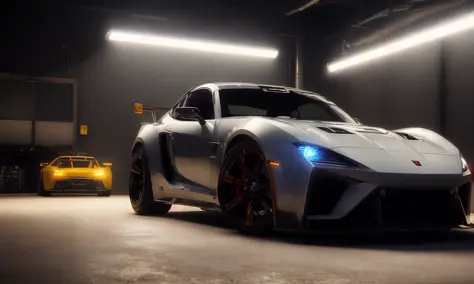 neo-(a photoreal- Keyshot- Cowboy-Beebop inspired anime illustration-ist's interpretation of)- A sleek sports car sits in a dark garage, its metallic exterior gleaming in the dim light. The Redshift renderer has captured every curve and angle of the car, f...