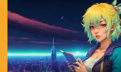 neo-(a photoreal- Keyshot- Cowboy-Beebop inspired anime illustration-ist's interpretation of)- A young girl with bright blue hair sits on a rooftop gazing up at the starry sky above. She clutches a worn notebook in her lap scribbling down her thoughts and ...
