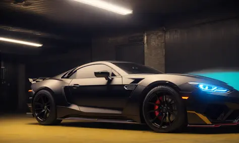 neo-(a photoreal- Keyshot- Cowboy-Beebop inspired anime illustration-ist's interpretation of)- A sleek sports car sits in a dark garage, its metallic exterior gleaming in the dim light. The Redshift renderer has captured every curve and angle of the car, f...
