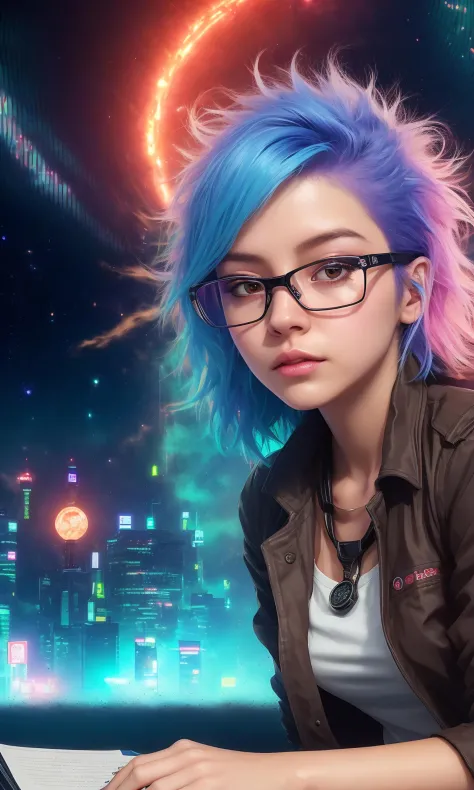 neo-(a photoreal- Keyshot- Cowboy-Beebop inspired anime illustration-ist's interpretation of)- A young girl with bright blue hair wearing glasses sits on a rooftop, gazing up at the starry sky above. She clutches a worn notebook in her lap, scribbling down...