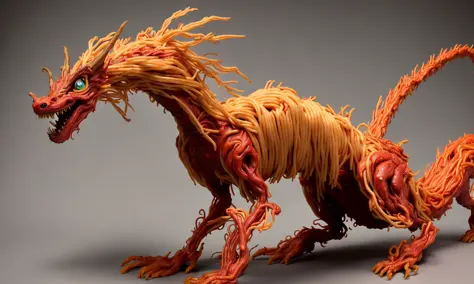 First, the prompt generator describes how he creates an imaginative sculpture of an adorable spaghetti-gogurt dragon with a surreal and somewhat grotesque- style in a fantasy scene in his mind. The sculpture is highly detailed with bright colors, and its s...
