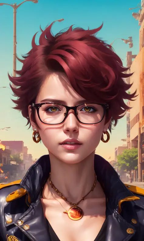 neo-(a photoreal- Keyshot- Cowboy-Beebop anime illustration-ist's interpretation of)- A spunky tomboy with short hair and a fiery personality wearing glasses who becomes a skilled martial artist and fights against injustice and oppression in a dystopian so...