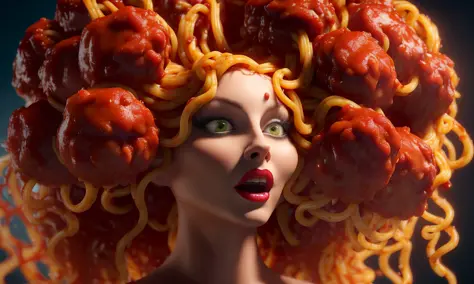 (A beautiful medusa-esque  with spaghetti thin long snakes- where her hair should be eating a bowl of spaghetti and meatballs, describe the hair as being made of marinated saucy spaghetti, She is eating a juicy meatball, food anatomy humor.)+ 
Unreal Engin...