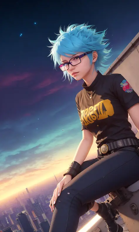 neo-(a photoreal- Keyshot- Cowboy-Beebop inspired anime illustration-ist's interpretation of)- A young girl with bright blue hair wearing glasses sits on a rooftop, gazing up at the starry sky above. She clutches a worn notebook in her lap, scribbling down...