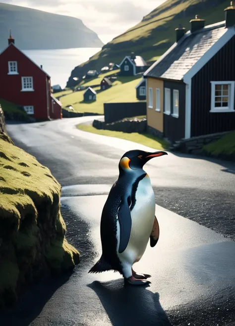 a (penguin:1.3) visiting lonely village in faroe islands, subsurface scattering, photorealistic, hyperrealistic, analog style, r...