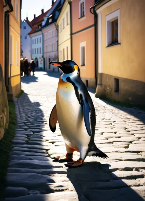 a (penguin:1.3) visiting Cesky Krumlov village, subsurface scattering, Photorealistic, Hyperrealistic, analog style, realistic, film photography, soft lighting, heavy shadow