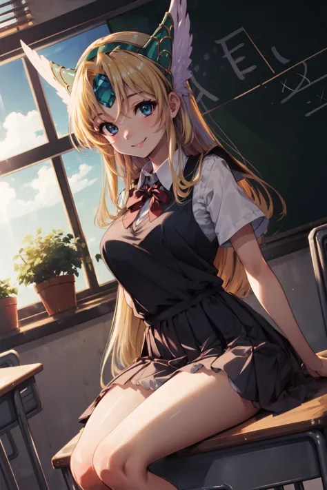 anime girl sitting on a desk in a classroom with a blackboard