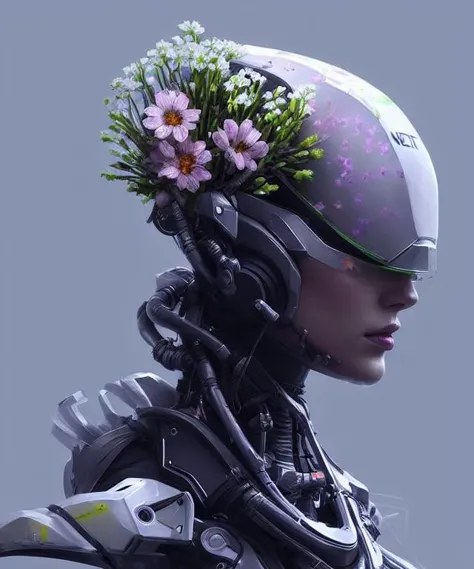 a close up of a robot with a flower on its head