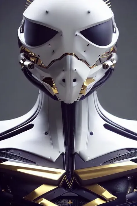 a close up of a white and gold robot with a helmet