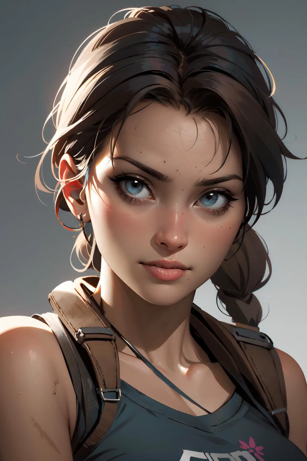 nijistyle, Porträt von Lara Croft, Partikel, einfacher Hintergrund 