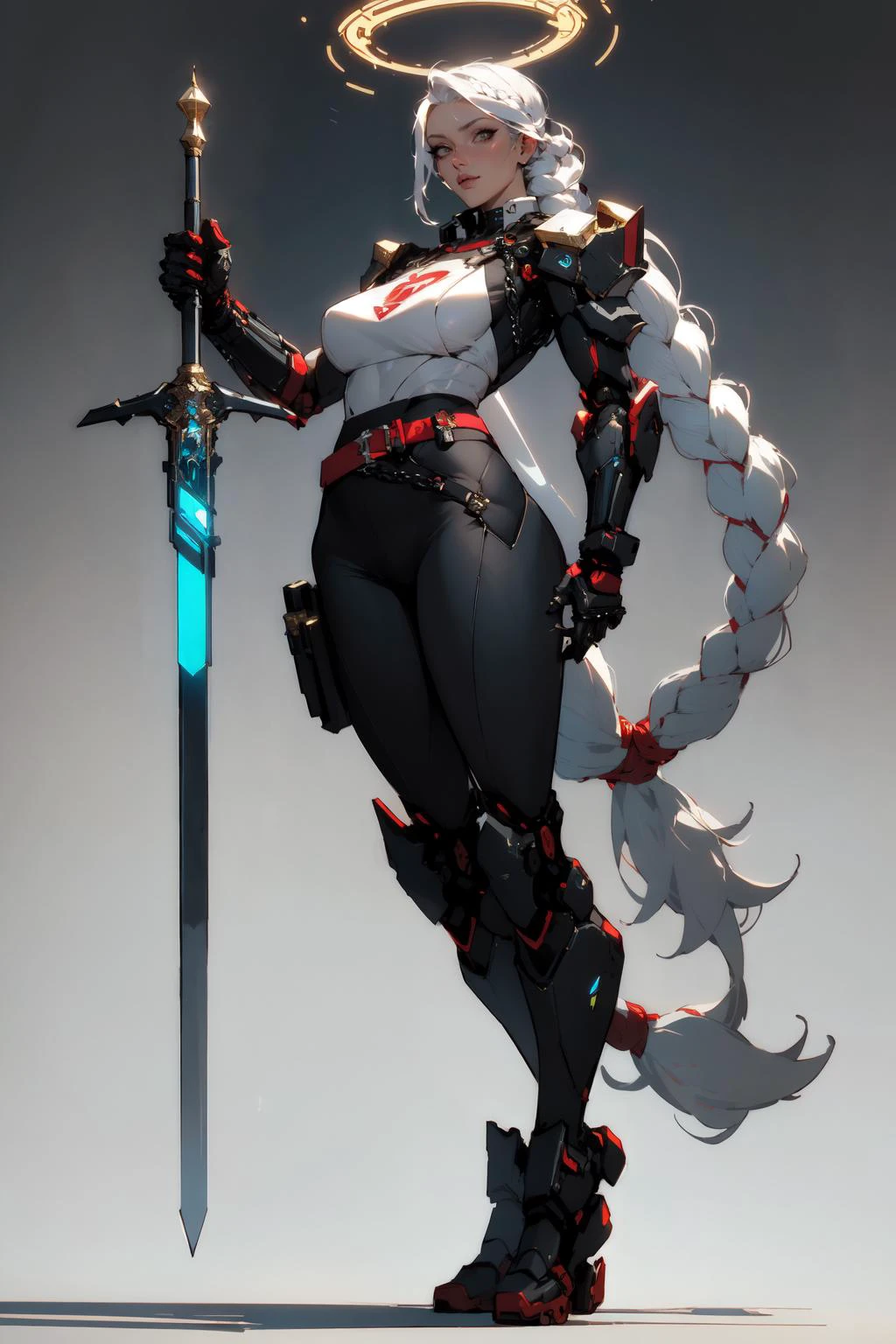 nijiEstilo, Cuerpo completo de dama paladín cyberpunk sosteniendo una gran espada brillante, tabardo blanco, hombreras, pelo blanco, trenza, Cinturón rojo, cybernetic halo, brazo mecanico, fondo sencillo 